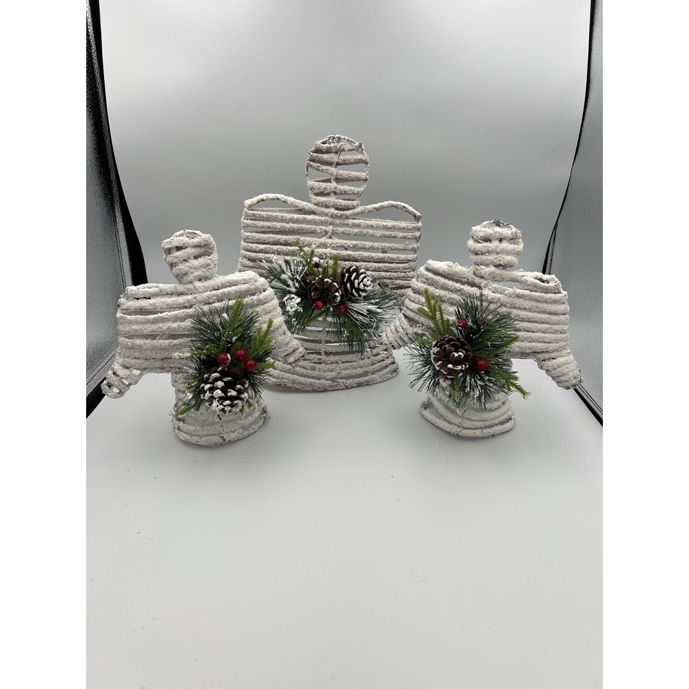 VTG Christmas Angel Figurines Set of 3 Rustic Farmhouse Snowy Pinecone Holiday